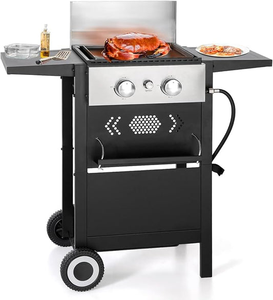 GREEN PARTY 2 Burner Griddle Grill Combo, 2 in 1 Propane Gas BBQ Grill w/Cast Iron Plate, 20,000 BTU Output Small Flat Top Propane Barbecue Grill for Camping, Patio, Backyard, Balcony