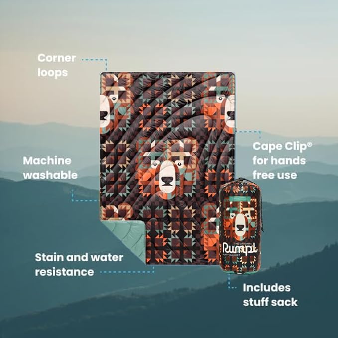 Rumpl Original Puffy Blanket - Warm, Water-Resistant Camping Blanket with 100% Recycled Synthetic Insulation, 52"x75", Original Puffy V1, Grizzly Slumber