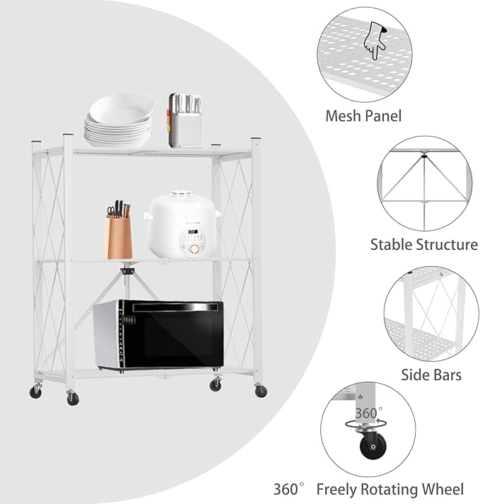 3 Tier Foldable Storage Shelf with Wheels, Heavy Duty Garage Shelving Unit Loads 550 LBS, Metal Steel Collapsible Shelves, Rolling Standing Utility Rack for Kitchen, Pantry, Office, White