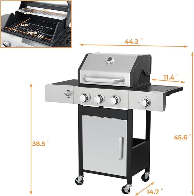3 Burner Gas Grill with Side Burner, Dual-sided Frying Plate, Thermometer, Wheels, Side Tables, Stainless Steel Burner, 37,230 BTU Outdoor Grill for Patio, Garden, Balcony