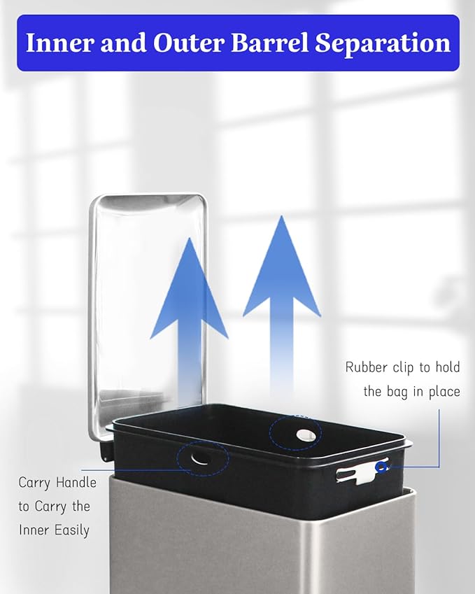 8 Gallon Slim Trash Can with Soft Close Lid, Stainless Steel Trash Can with Removal Inner Bucket, Hand -Free Trash Bin for Kitchen, Office, Laundry, Bathroom, 30 Liter Capacity, Grey