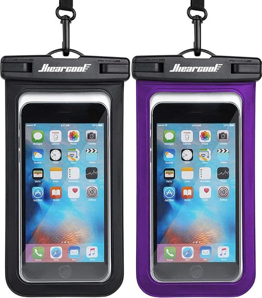 Hiearcool Universal Waterproof Phone Pouch Compatible for iPhone 16 15 14 13 Pro Max Plus Up to 8.3", IPX8 Beach Travel Essentials-Black&Purple-2Pack