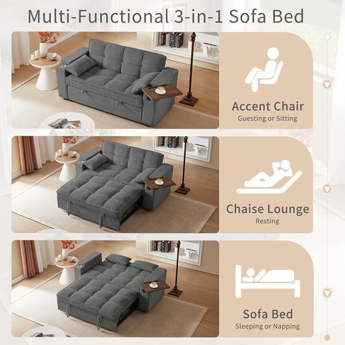 65.35" 3-in-1 Folding Sofa Bed with Pull-Out Mattress, Velvet & Sherpa Upholstery, Adjustable Backrest, Side Table – Modern for Small Spaces, Apartment, Living Room (Dark Grey)