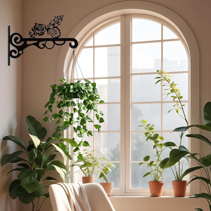 hogardeck Plant Hangers Outdoor Decor, 2 PCS 10??Metal Hanging Plant Bracket with Buttterfly and Flower for Garden Patio Yard Decor, Plant Hooks for Hanging Plants, Bird Feeder, Wind Chime, Lantern
