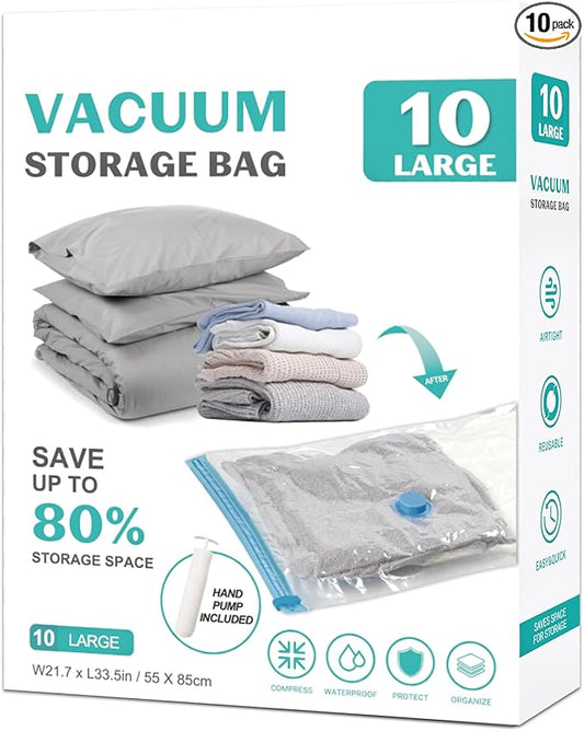 10 Pack Large Space Saver Vacuum Storage Bags Large Seal Bags for Bedding Compression Bags for Travel Comforters Blankets Bedding Pillows Luggage Hand Pump Included