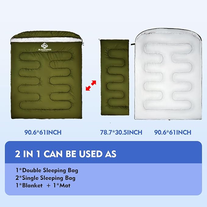 Double Sleeping Bag for Adults Men Women, XL Queen Size Two Person Sleeping Bag for All Season Camping Hiking Backpacking 2 Person Sleeping Bags for Cold Weather & Warm