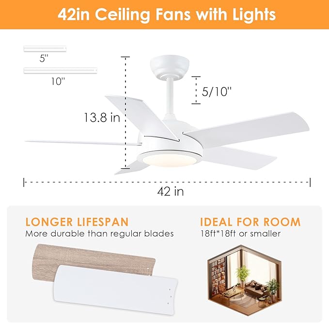 Ceiling Fans with Lights - 42" Low Profile Ceiling Fan Lights with 5 Blades, White Modern Ceiling Fan with Lights and Remote/APP, Dimming, 3CCT, Fan Light Fixture for Indoor Covered Outdoor