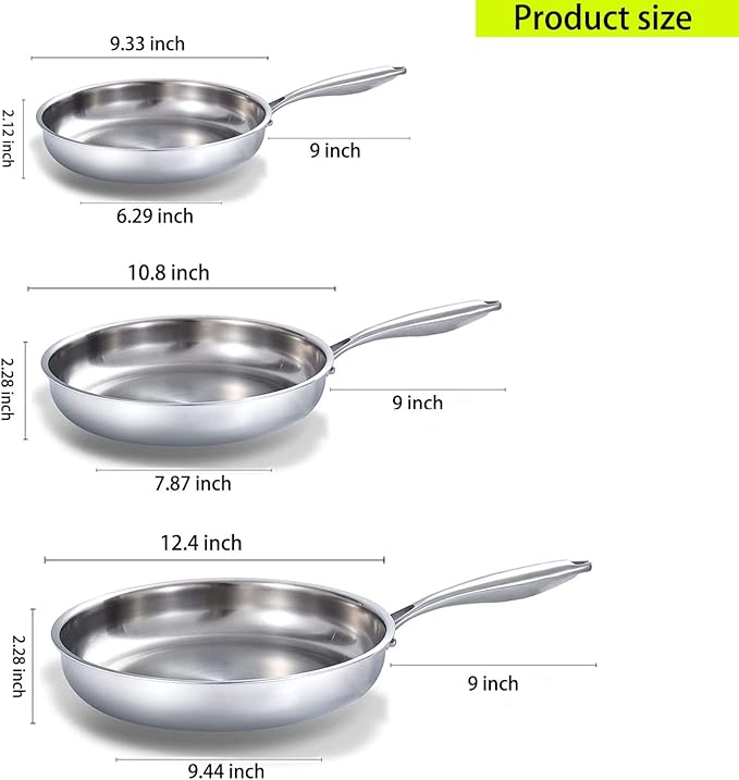 DELARLO Whole Body Tri-Ply Stainless Steel Frying Pan set, 8”/10”/12” Cooking pans, Kitchen Cookware Set, Fast Heating Chef's pan with Ergonomic Handles, Suitable for All Stove