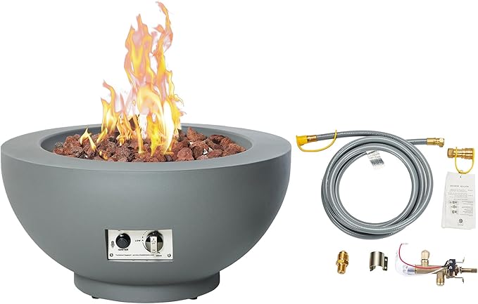 28-Inch Propane Fire Pit with Natural Gas Conversion Kit, 50,000 BTU Round Gas Fire Pit Table, Outdoor Fireplace Fire Bowl Firepit with Lid, Lava Rocks, Cover, Pre-Attached 10FT Propane Hose, Gray