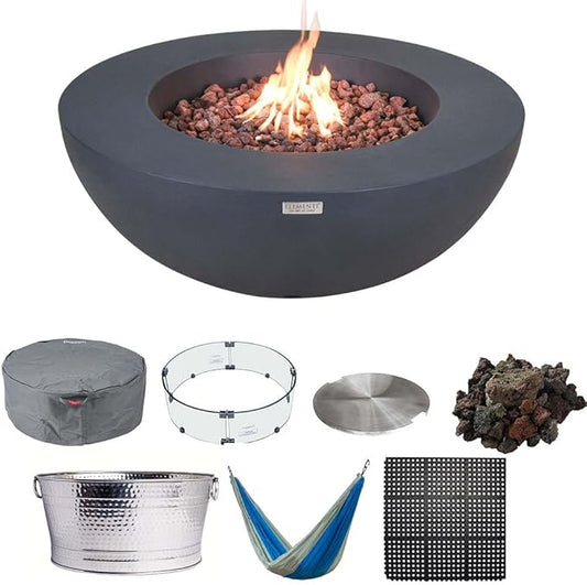 Elementi Lunar Bowl Dark Grey Fire Pit Bundle Outdoor Firepit Set Includes 42” Natural Gas Concrete Firepit, Glass Windscreen, Stainless Steel Cover, Canvas Cover, Floor Mat, Hammock, Beverage Tub
