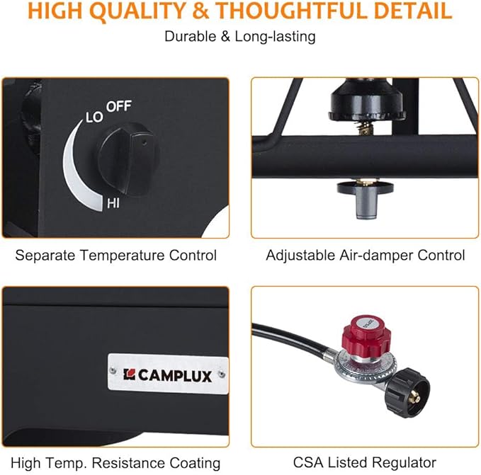 Camplux Double Propane Burner, Gas Burner Outdoor Stove Burner Gas, Up to 260,000 BTU/Hr Dual Burner Propane Stove with Propane Burner stand, Gas Burners for Cooking Outside Stove for Cooking Gas