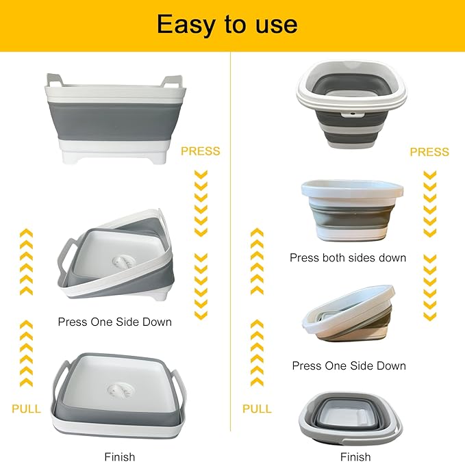 Collapsible Basin Bucket (9L+5L)-Collapsible Dish Tub Portable Sink-Foldable Sink Tub for Cleaning Foldable Portable Plastic (Grey+5L Grey)
