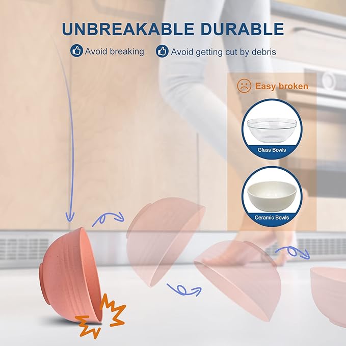 HOTEC BPA Free Unbreakable Wheat Straw Cereal Bowls - Microwave & Dishwasher Safe Soup and Salad Bowls, Set of 8, 26oz, Multicolor