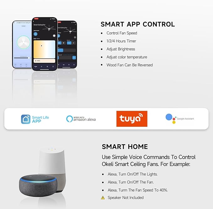 Roomratv 52 Inch Smart Ceiling Fan with Light,App Control,Ultra Silent Reversible DC Motor Fan Remote Control Compatible with Alexa Google home（black）