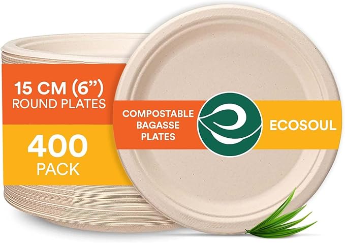 ECO SOUL 100% Compostable 6 Inch Small Paper Plates 400 [4x100 Pc] Disposable Bulk Party Heavy Duty, Eco-Friendly, Appetizer, Dessert, Wedding Plates I Biodegradable Unbleached Sugarcane Eco Plates