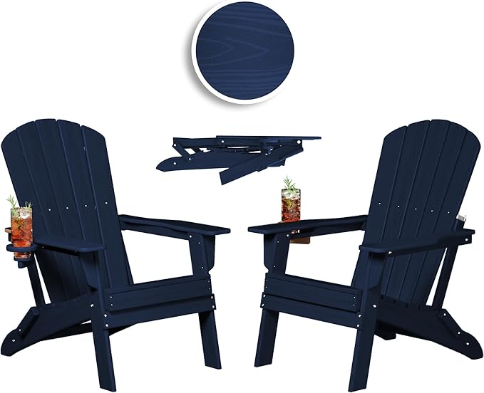 Folding Adirondack Chair, SGS Tested, Wooden Textured with Cup Holder, Heavy All-Weather HDPE Comfortable Set Poolside Backyard Lawn Navy Blue