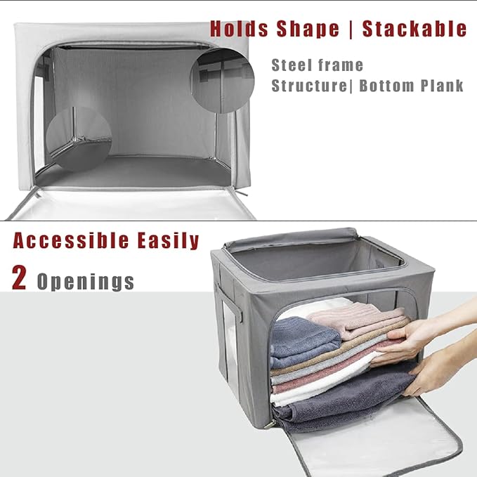 Clothes Storage Box Bins Stackable Foldable Organizer with Metal Frame for Clothing Bedding Shelves,Closet Container with Clear Window Zipper and Label Holder (Gray,Small-40L x3 Pack)