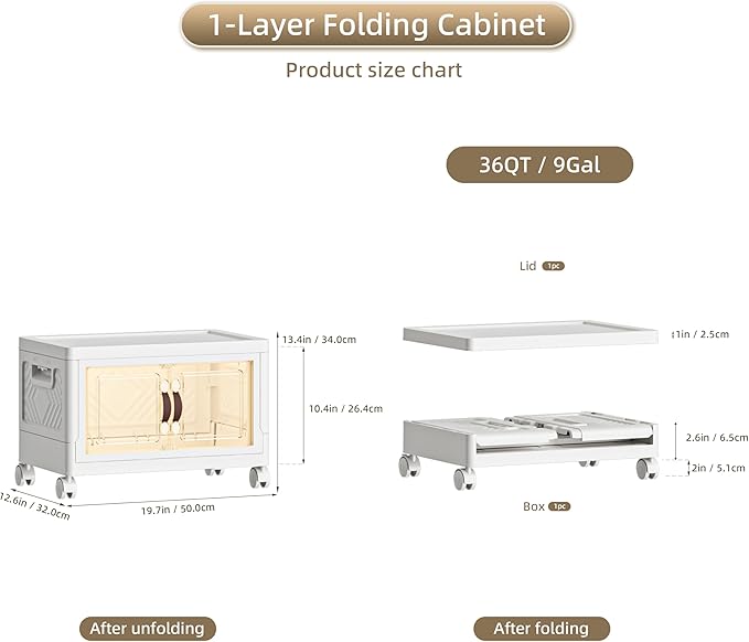 36 QT / 9 Gal Stackable Storage Bins (1 Lid) w/Wheels & Magnetic Doors, Collapsible Plastic Organizer Cabinet for Closet Office Garage - White Storage Containers