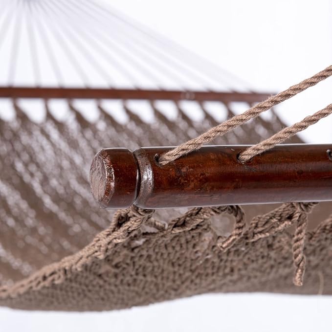 Lazy Daze Hammocks 10.5 FT Double 2 Person Caribbean Rope Hammock, Hand Woven Polyester Hammock with Spreader Bars for Outdoor Backyard Patio Poolside, 450 LBS Capacity, Brown