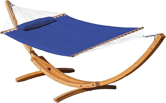 Lazy Daze Hammocks 12 FT Double Quilted Fabric Hammock and 13 FT Natural Wooden Arc Stand, with Spreader Bar, Removable Pillow, 2 Person Hammock for Outdoor Patio Poolside, 450 lb Capacity, Navy Blue
