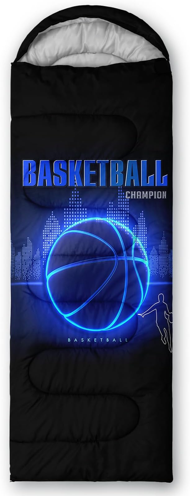 AILONEN Blue Glowing Basketball Sleeping Bag for Kids Boys,Warm and Cool Weather,Lightweight,Waterproof Backpacking,City Theme Ball Sports Sleeping Bag for Camping