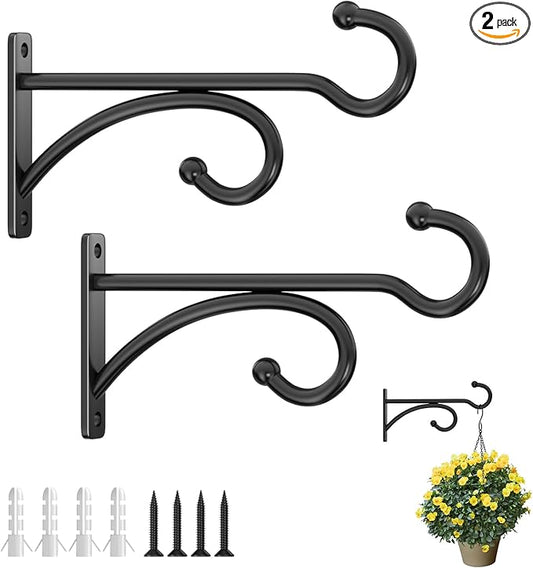 6" Plant Hanger Hooks Outdoor Indoor Planter Hooks, Wall Mounts for Hanging Plants, Baskets, Wind Chimes, Bird Feeders, Lanterns, Bird Houses (Black Metal, 2-Pack)