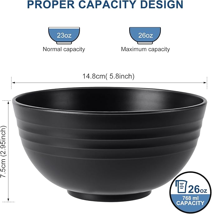 HOTEC BPA Free Unbreakable Wheat Straw Cereal Bowls - Microwave & Dishwasher Safe Soup and Salad Bowls, Set of 8, 26oz, Black