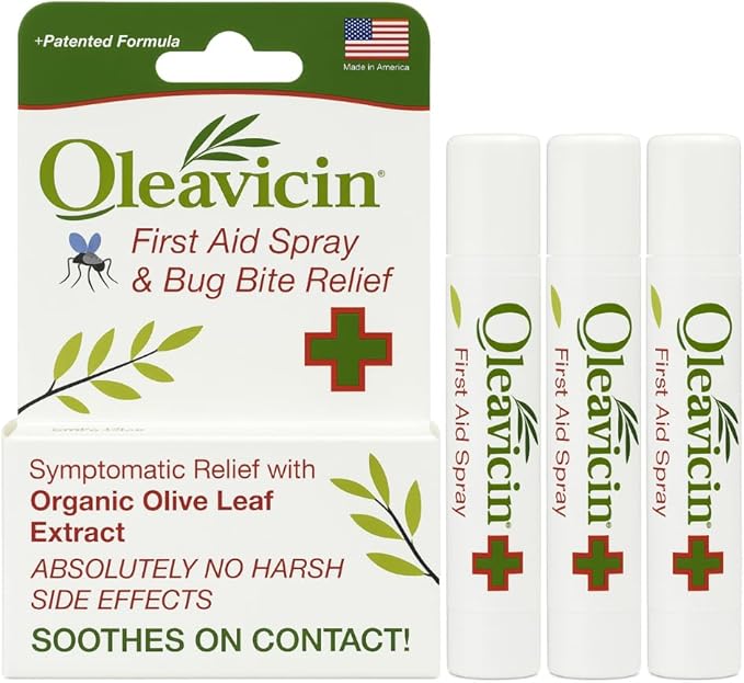 First Aid Spray & Bug Bite Relief - 3 Pack – Organic Olive Leaf Extract | Fast-Acting Relief for Minor Skin Irritations, Bug Bites & Burns | Natural & Clinically Proven | 0.17 oz (5ml)