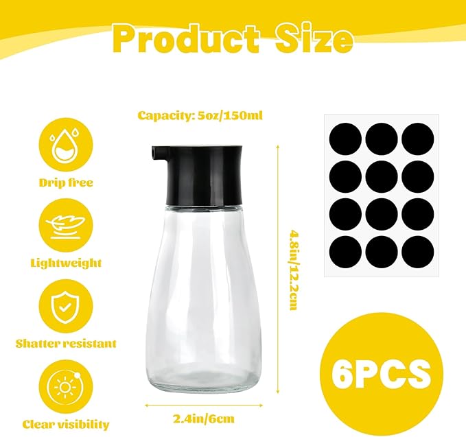 6Pcs Soy Sauce Dispenser, Leakproof Vinegar Cruet Dispenser Bottles Set, Glass Small Sauce Bottles, Black Soy Sauce Container, Oil Seasoning Bottle with Lid for Kitchen Cooking Barbecue, 5oz