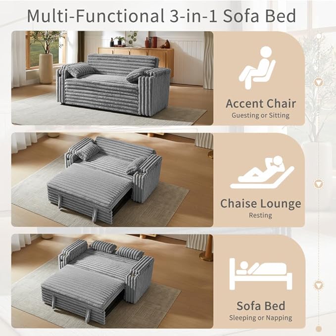 68" Corduroy Convertible Sofa Bed with USB, Storage Armrests & Pillows – 3-in-1 Foldable Sleeper Chair Floor Couch for Living Room, Bedroom, Guest Room (ZY-1109-Light Gray)
