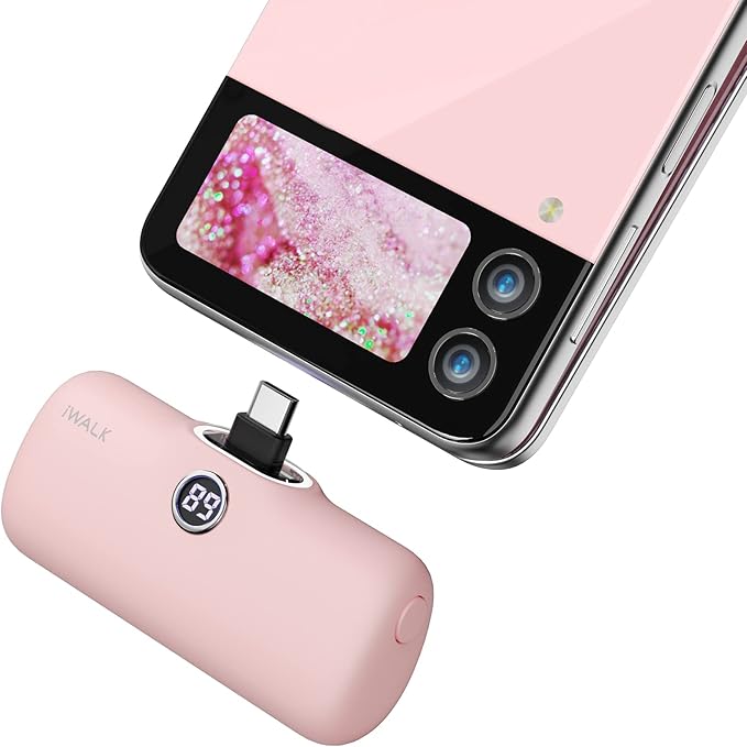 iWALK Small Portable Charger, 4,800mAh 18W PD Fast Charging Power Bank with Built-in USB-C Connector, External Mini Battery Pack for Samsung Galaxy S25/S24/S23, Android, iPhone 15/16/Pro/Max, Pink
