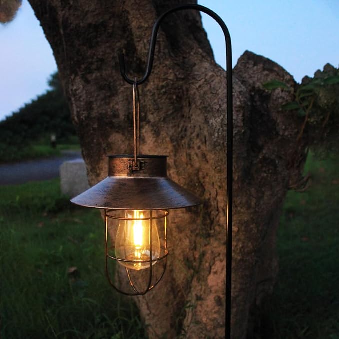 2 Pack Solar Lanterns, Outdoor Hanging Lights Metal with Shepherd Hook Warm White Edison Bulb Design for Garden and Birthday Gifts for Mom Grandma Wife ( Copper)