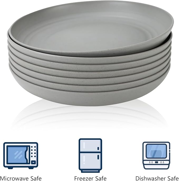 Homienly Deep Dinner Set of 8 Wheat Straw Plates - Alternative to Plastic, Microwave & Dishwasher Safe, Unbreakable & Lightweight Round Plates (Grey,9 inch)