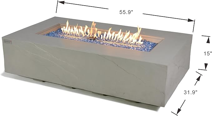 Elementi+ | Bundle Meteora Gas Fire Pit Cast Concrete 56" Rectangular Fire Table, Outdoor Fire Pit Electronic Ignition | Canvas Cover, Fire Glass and Burner Lid Included | Light Gray | Propane Gas
