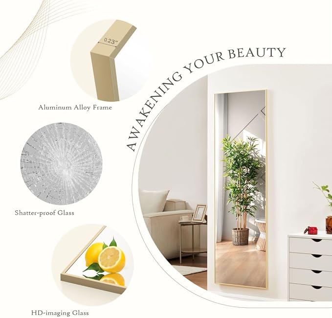 Full Length Mirror, 64"x 21" Floor Mirror With Aluminum Alloy Thin Frame, Hanging or Leaning for Wall Bedroom Dressing, Home Decor, Gold