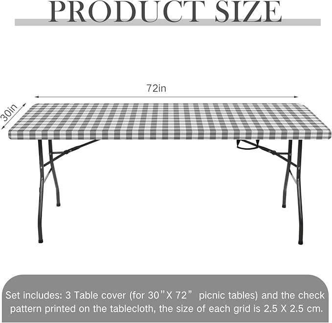 3 Pcs Plastic Picnic Table Cover Checkered Tablecloth Fitted Rectangular Table Cloth 30 x 72 Inch Vinyl Waterproof Flannel Backed with Elastic Rim for Indoor Outdoor Picnic Party(Gray and White)