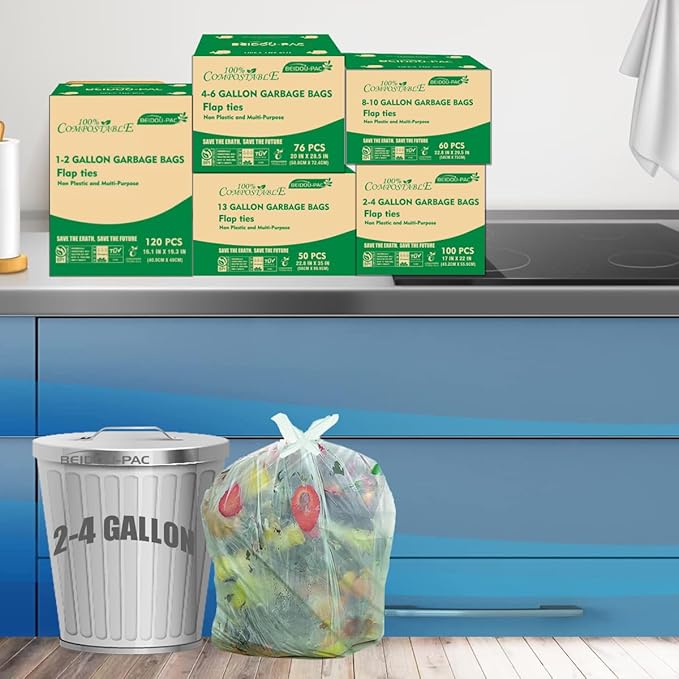 3 Gallon Flap Tie Compostable Trash Bags, 300 Count Small Compost Bags, Biodegradable Kitchen Garbage Bags, Food Scrap Waste Bags for Countertop Bin, ASTM D6400, US BPI Certified