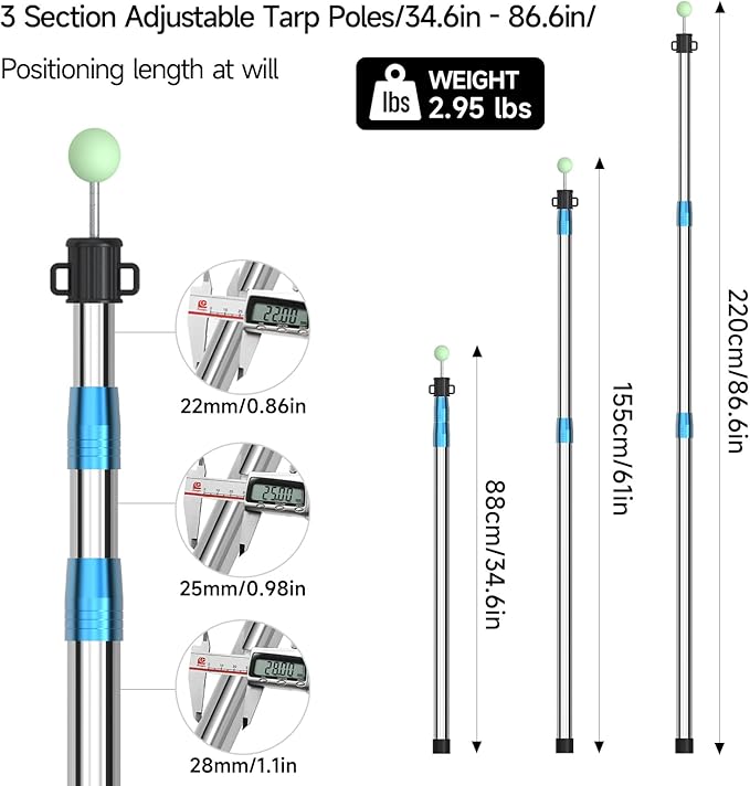 SANLIKE Telescoping Tarp Pole Heavy Duty Tent Poles, 33"-86.6"/94" Thickened Tube Collapsible Stainless Steel Canopy Poles for Camping Backpacking Hiking Awning Sun Sails Outdoor Sports, Set of 2