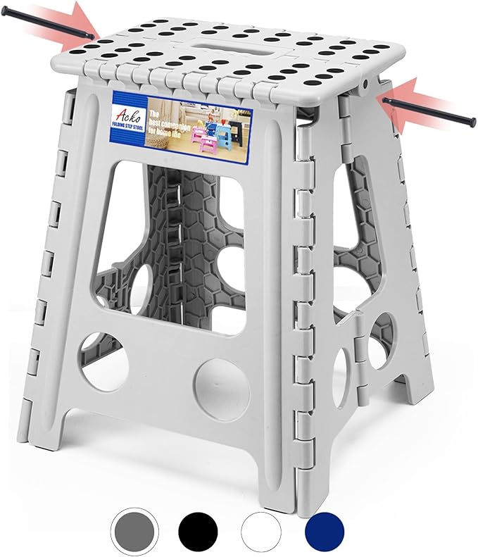 ACKO Folding Step Stool Foldable 16 Inch 400 lbs Capacity, Plastic Stools for Adults and Kids, Collapsible Stools for Kitchen, Stepping Stool with Handle(Grey)