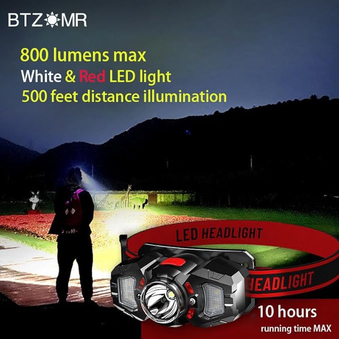 Headlamp, White&Red LED Headlamp, 70° Up&Down Adjustable, 4 Clips, Motion Switch, 800 Lumens, 500 Feet Distance and 10 Hours Running Time MAX, IPX5 Waterproof, for Camping, Hiking, Fishing