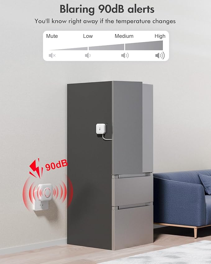 WiFi Refrigerator Thermometer with Alarm, Freezer Alarm with App Notifications, Digital Fridge Thermometer with Loud 90dB, 2 Remote Wireless Temperature Sensors for Home Kitchen Fridge Fish Tank