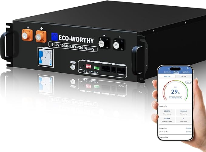 ECO-WORTHY 48V 100Ah LiFePO4 Lithium Battery Version 3, 5.12kWh Capacity, Server Rack Battery with Bluetooth, 6000 Cycles, Perfect for Off-Grid, Solar, Backup Power