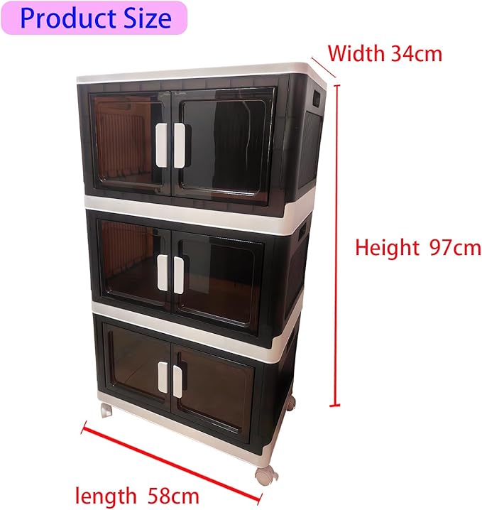 Dark brown 48 Gallons Storage Bins with Lids - Folding Storage box with Doors and Wheels, Collapsible Plastic Storage Bins for Closets, Stackable Storage Organizer (Large-3Tier Dark brown)