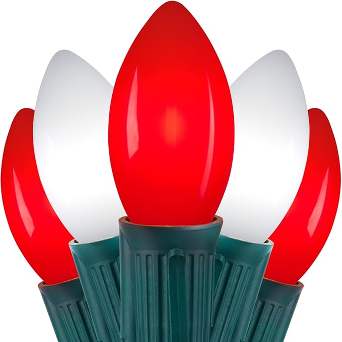 C9 LED Christmas Lights Outdoor, 100 Feet C9 String Lights with 100 Shatterproof Matte Bulbs, Connectable Waterproof Christmas Tree Lights for Holiday Roofline Backyard Garden Decor, Red & Pure White