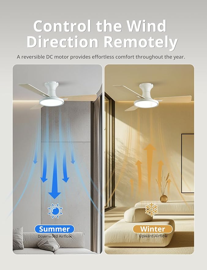 Orison Ceiling Fans with Lights, 42 inch Low Profile Ceiling Fan with Light and Remote Control, White Bedroom Ceiling Fans with Light,3CCT,Reversible,Dimmable,Noiseless,Indoor/Outdoor Use
