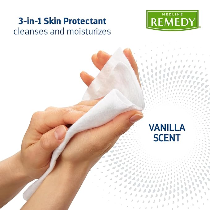 Medline Remedy Clinical 3-in-1 Barrier Cream Cloth, 8 count (1 Pack), 8 x 8 in Adult Wet Wipes, Vanilla Scent, Incontinent Care, Dimethicone, Irritated Skin, Soothing, Nourishing, Gentle