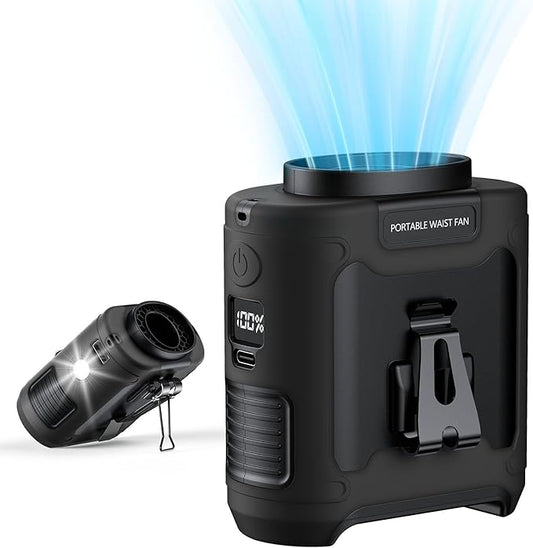 AI Portable Waist Clip Fan, Upgraded 10000mAh Rechargeable Battery Wearable Belt Personal Fan, 16000RPM Powerful 5 Speeds Shirt with Flashlight Neck Hands-Free 40H Cooling (Black)