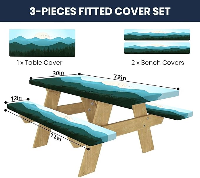 CAPSCEOLL Fitted Picnic Table Cover with Bench Covers with Elastic Waterproof Outdoor Camping Tablecloth 6 Foot Windproof Table Cloth with Drawstring Bag, 72X30in, Green Mountain