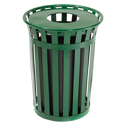 Global Industrial 36 Gallon Outdoor Slatted Steel Round Trash Can with Flat Lid, Plastic Liner & Anchor Kit Included, 28" W x 36" H, Commercial & Industrial Trash Can, Green