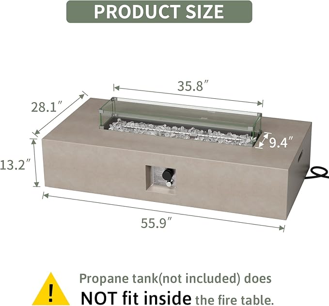 COSIEST Outdoor Propane Fire Pit Table, 56-inch x 28-inch Rectangle Gray Concrete-Like Finish, CSA Certified, 50,000 BTU Stainless Steel Burner w Transparent Gray Fire Glass, Wind Guard, Raincover